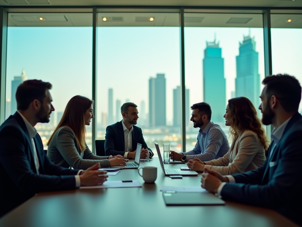 A business meeting in a modern office with skyscrapers visible through large windows. Six professionals are engaged in discussion.