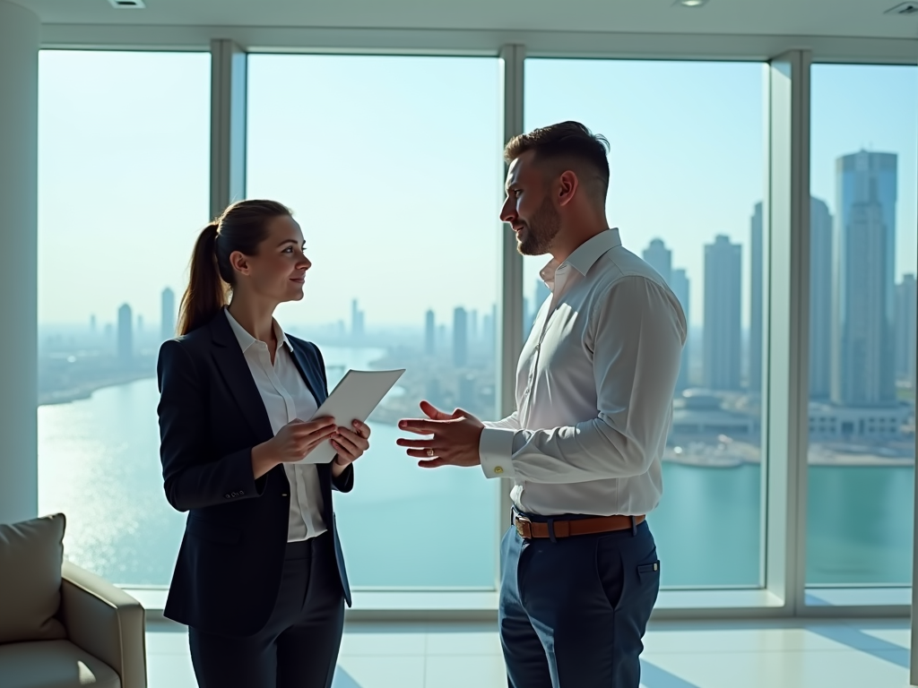 Two professionals engage in conversation with a city skyline view behind them, one holding a tablet.