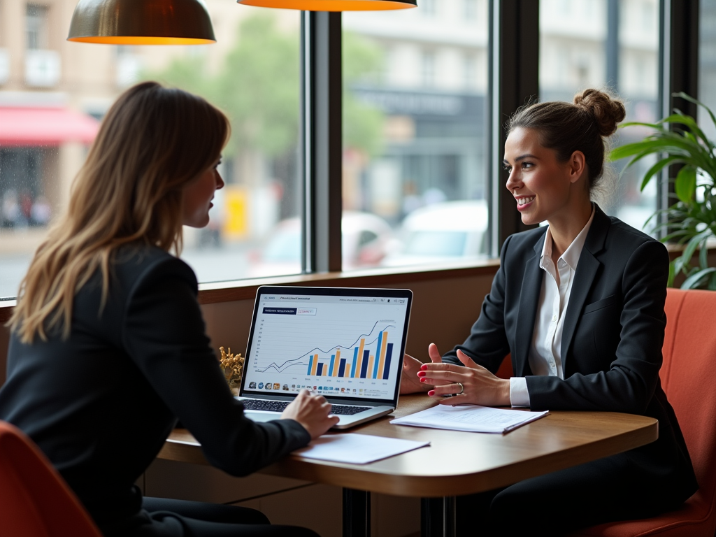 Two women in business attire discuss data on a laptop in a cafe, with charts displayed on the screen.