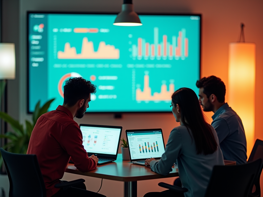 Three professionals analyze data on laptops during a meeting, with charts displayed on a large screen behind them.