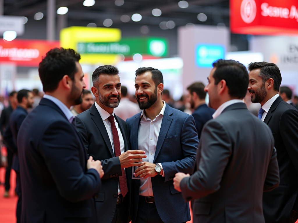 A group of men in business suits engage in conversation at a large event with colorful banners in the background.