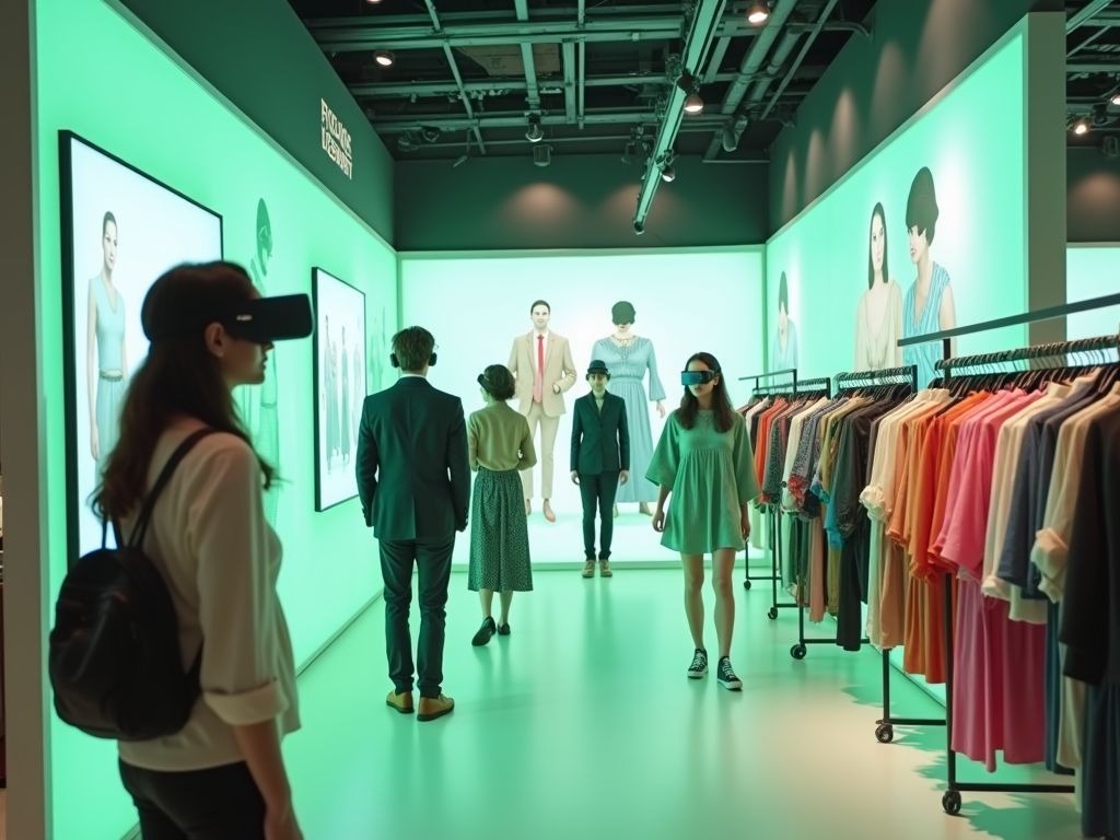 A modern clothing store featuring virtual reality displays and shoppers interacting with digital models in a vibrant setting.