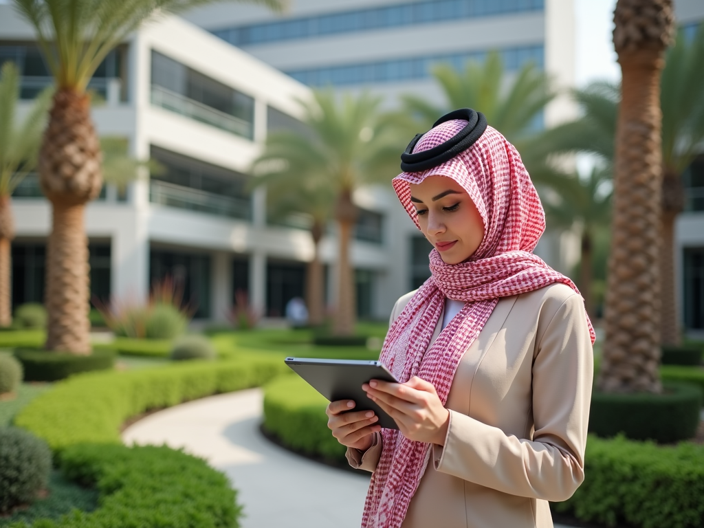 A woman in a hijab uses a tablet outdoors, surrounded by palm trees and modern buildings.