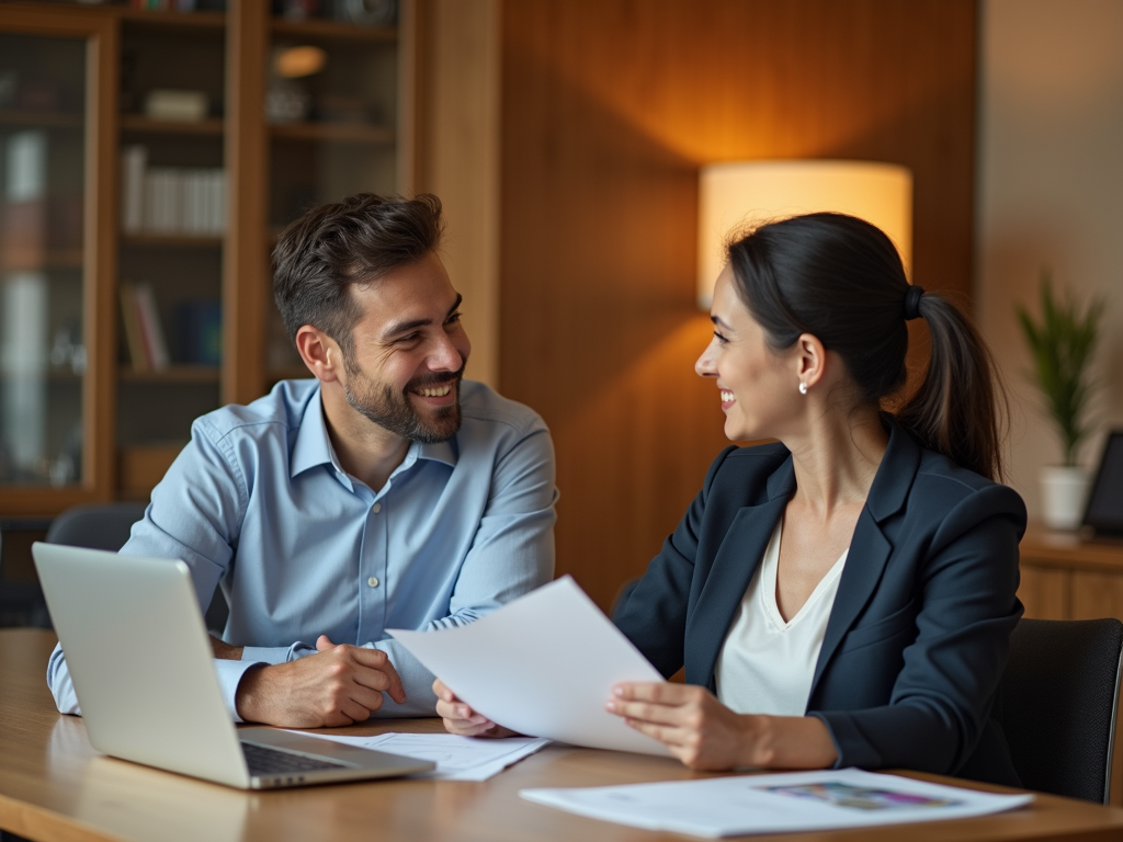 A man and a woman smile at each other while discussing papers at a desk with a laptop in a cozy office setting.