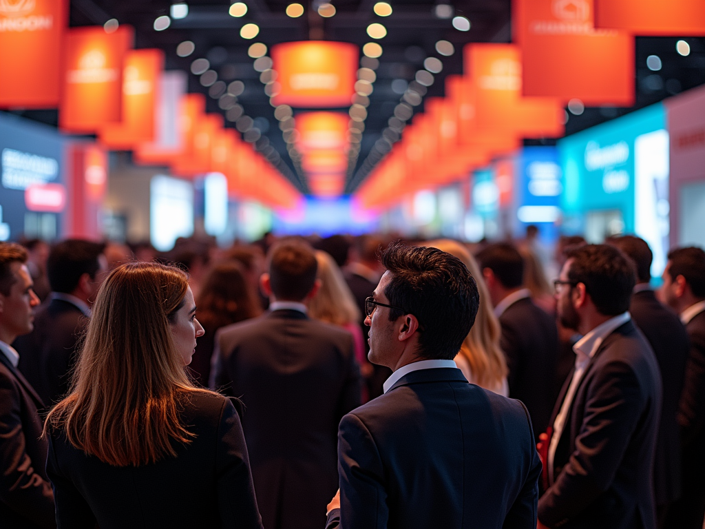 A crowded event space with people in suits, vibrant banners hanging overhead, and a dynamic atmosphere.