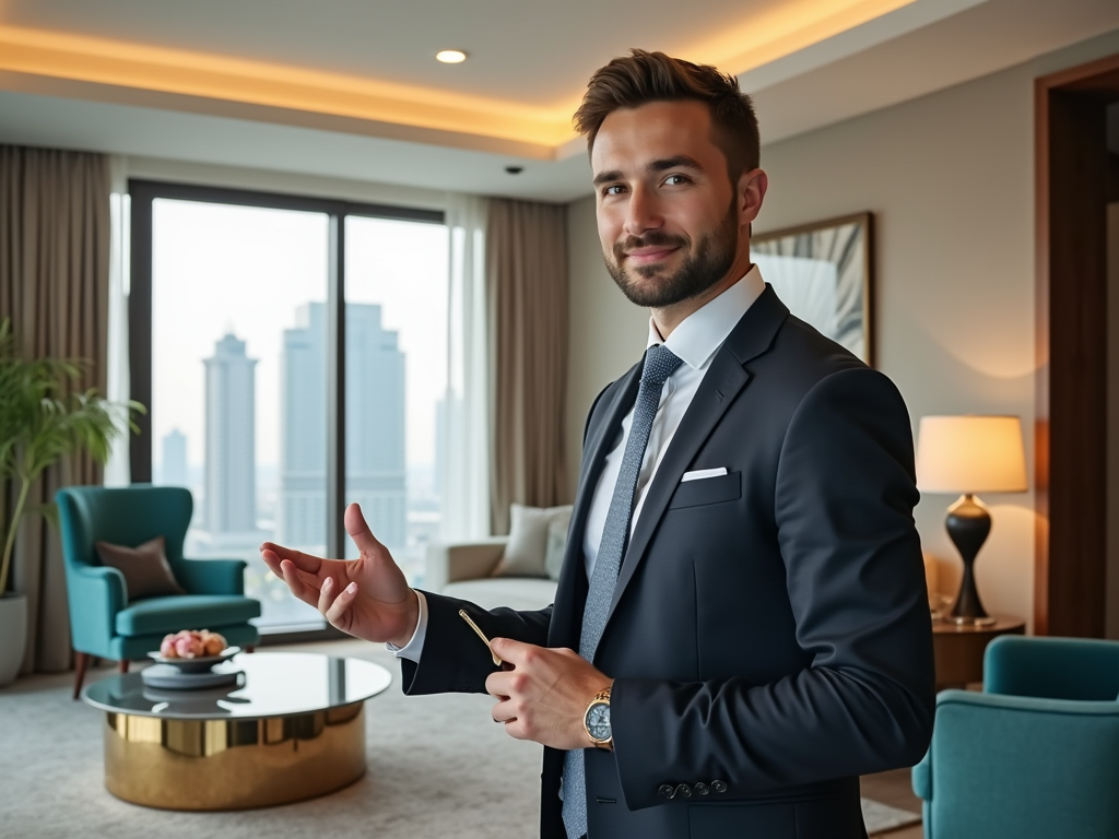 A smiling businessman in a suit gestures while standing in a modern office with city views in the background.