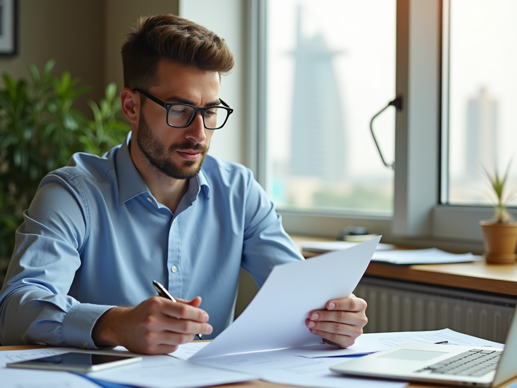 A man in a blue shirt sits at a desk, reviewing documents with a laptop and city views in the background.