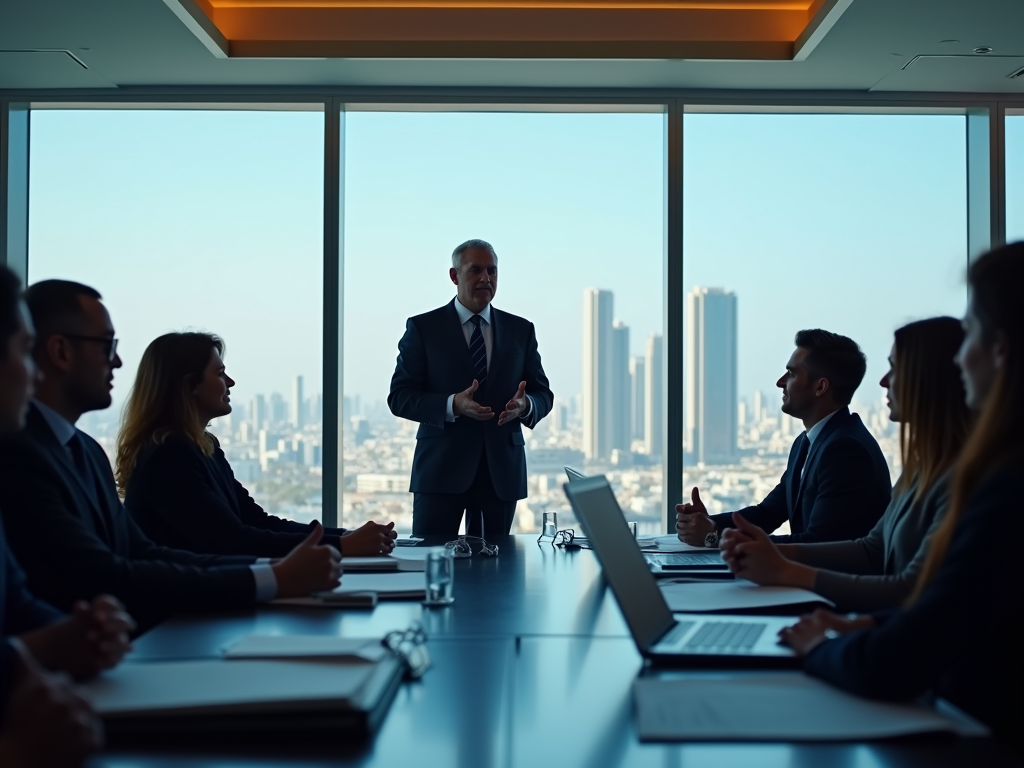 A business meeting in a modern office with a speaker presenting to an engaged audience and a city skyline backdrop.