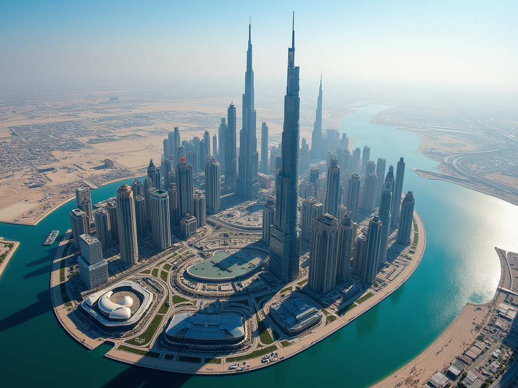 Aerial view of Dubai's skyline featuring Burj Khalifa amidst modern skyscrapers and a winding river.