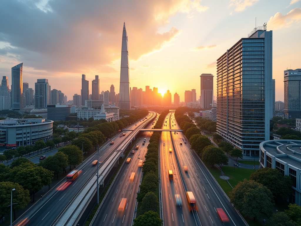 A cityscape at sunset, featuring skyscrapers and busy highways lined with trees, casting warm golden hues.