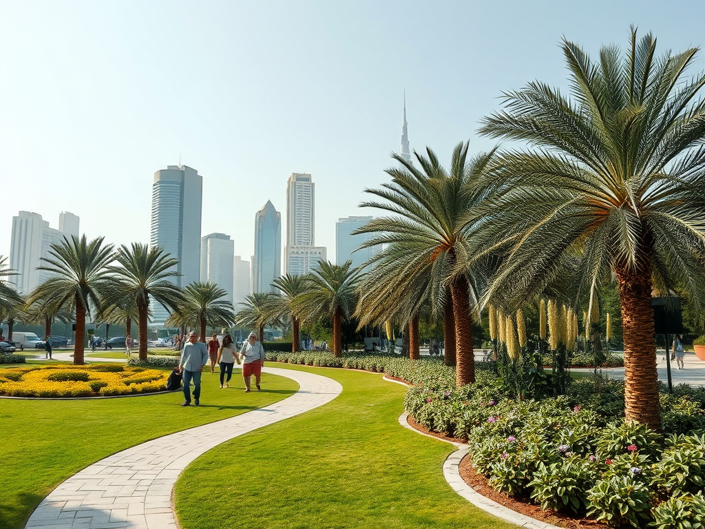 A scenic walkway lined with palm trees and gardens, with city skyscrapers in the background and people strolling.