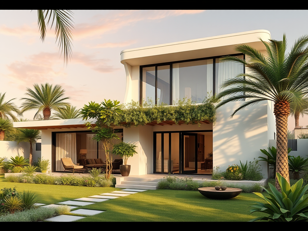 A modern white villa with large windows, surrounded by lush greenery and palm trees, under a pastel sunset sky.