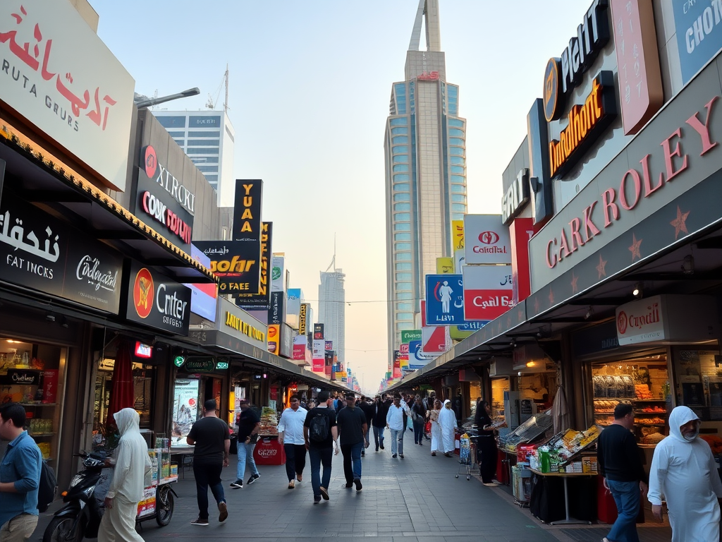 A bustling marketplace with shops and people walking, tall buildings in the background, and vibrant signage.