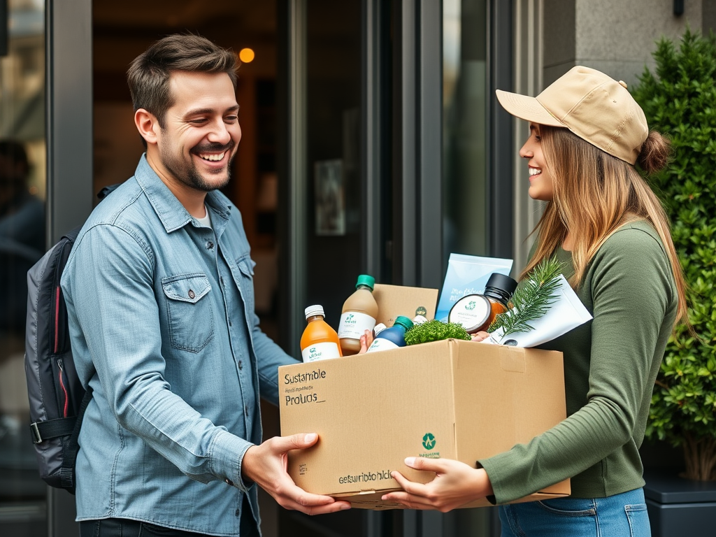 A smiling man and woman exchange a box of sustainable products outside a store, with greenery in the background.