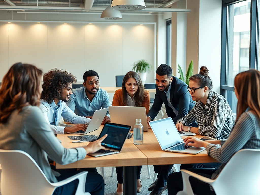 A diverse group of professionals collaborates around a table with laptops in a modern office setting.