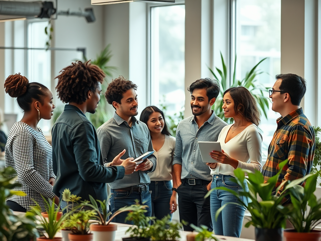 A diverse group of six professionals engages in conversation in a bright office filled with plants.