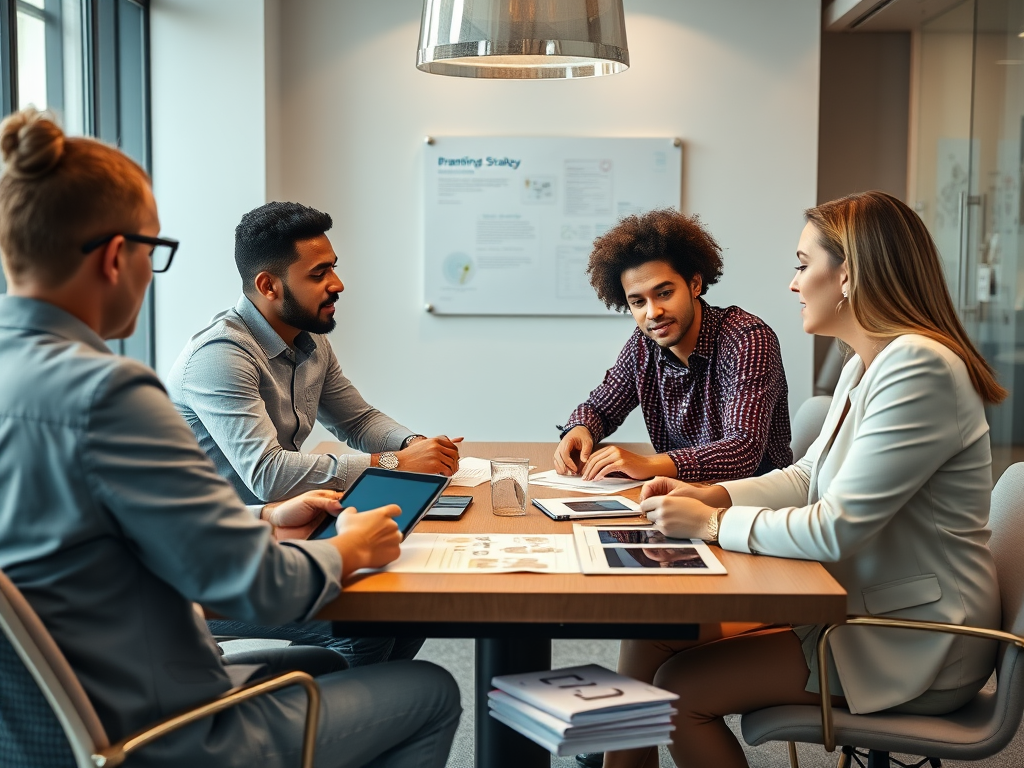 Four professionals engage in a discussion around a table, reviewing documents and using devices in a modern office.