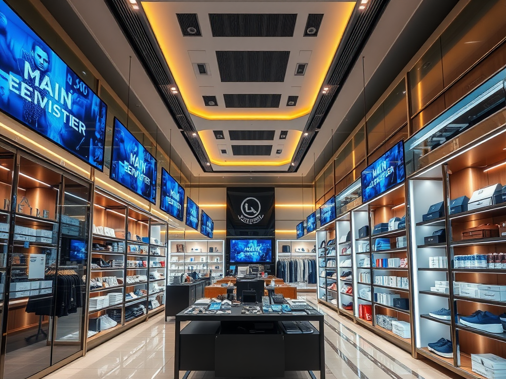 A modern retail store interior with shelves displaying products, multiple screens, and stylish lighting.