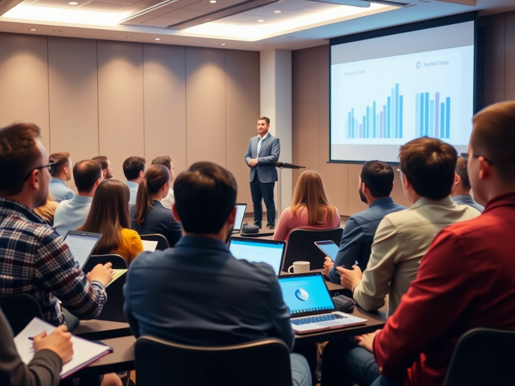 A speaker presents data to an audience in a conference room with charts displayed on a screen.