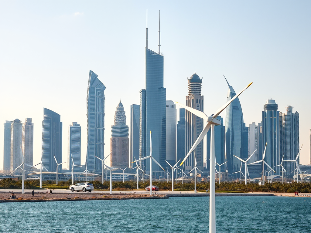 A coastal view of a city skyline featuring modern skyscrapers and wind turbines along the shore.