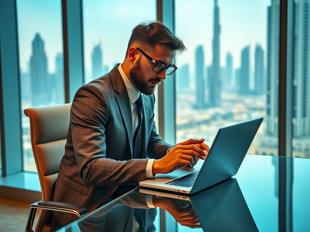 A businessman in a suit works on a laptop at a modern office with a city skyline view.