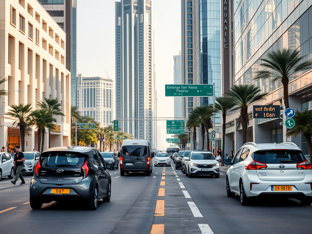 A busy city street with various cars, palm trees, and tall buildings, featuring road signs in multiple languages.