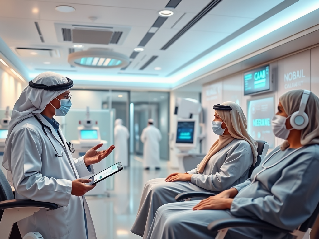 A doctor discusses treatment with two patients in a modern medical facility, all wearing masks.