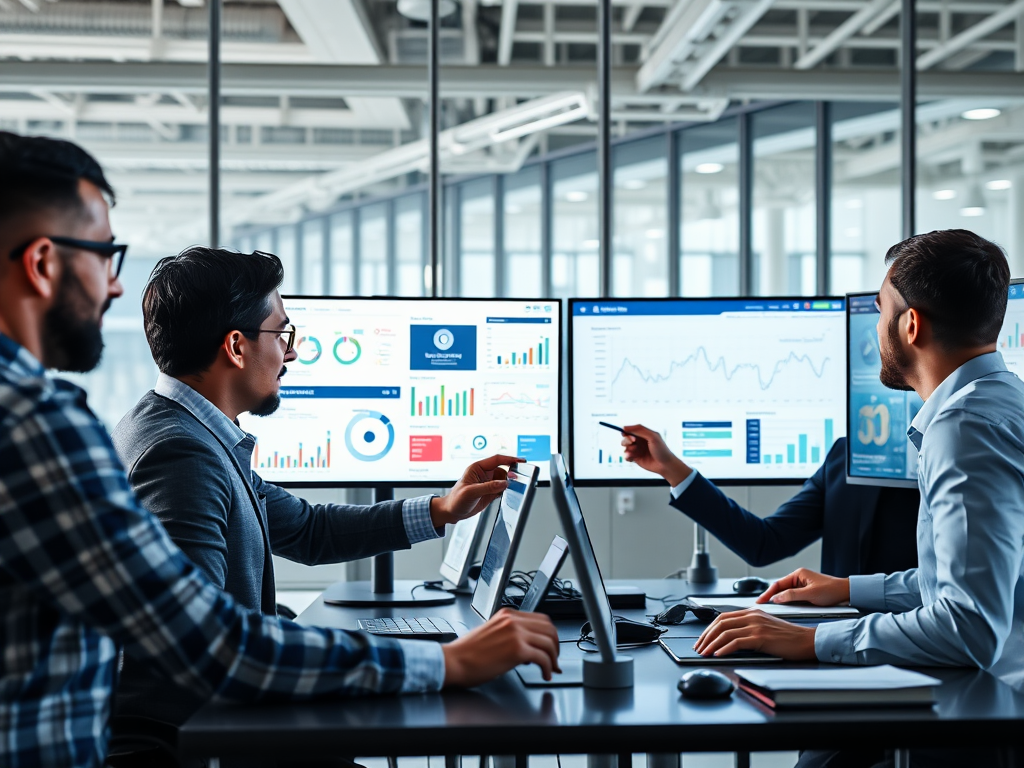 Four professionals engage in a discussion while analyzing data on multiple computer screens in a modern office setting.