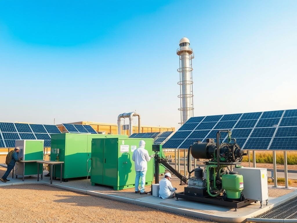 Two workers at a solar energy facility, with solar panels and machinery under a clear blue sky.